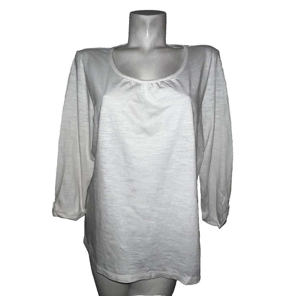Weekends by Chico's White Slub Cotton Roll Tab Sleeve Scoop Neck Top Size L (2)